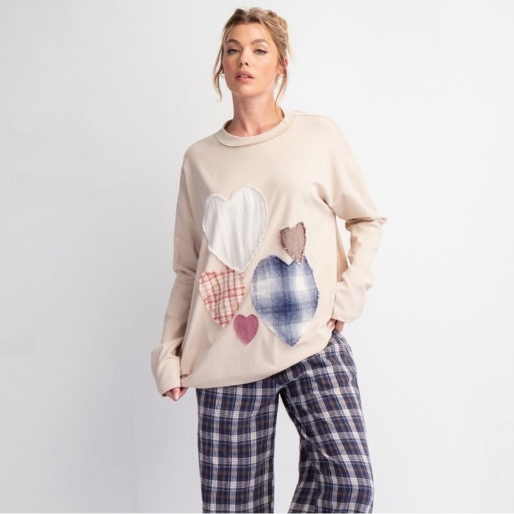 Easel Beige Heart Patchwork Sweatshirt LARGE